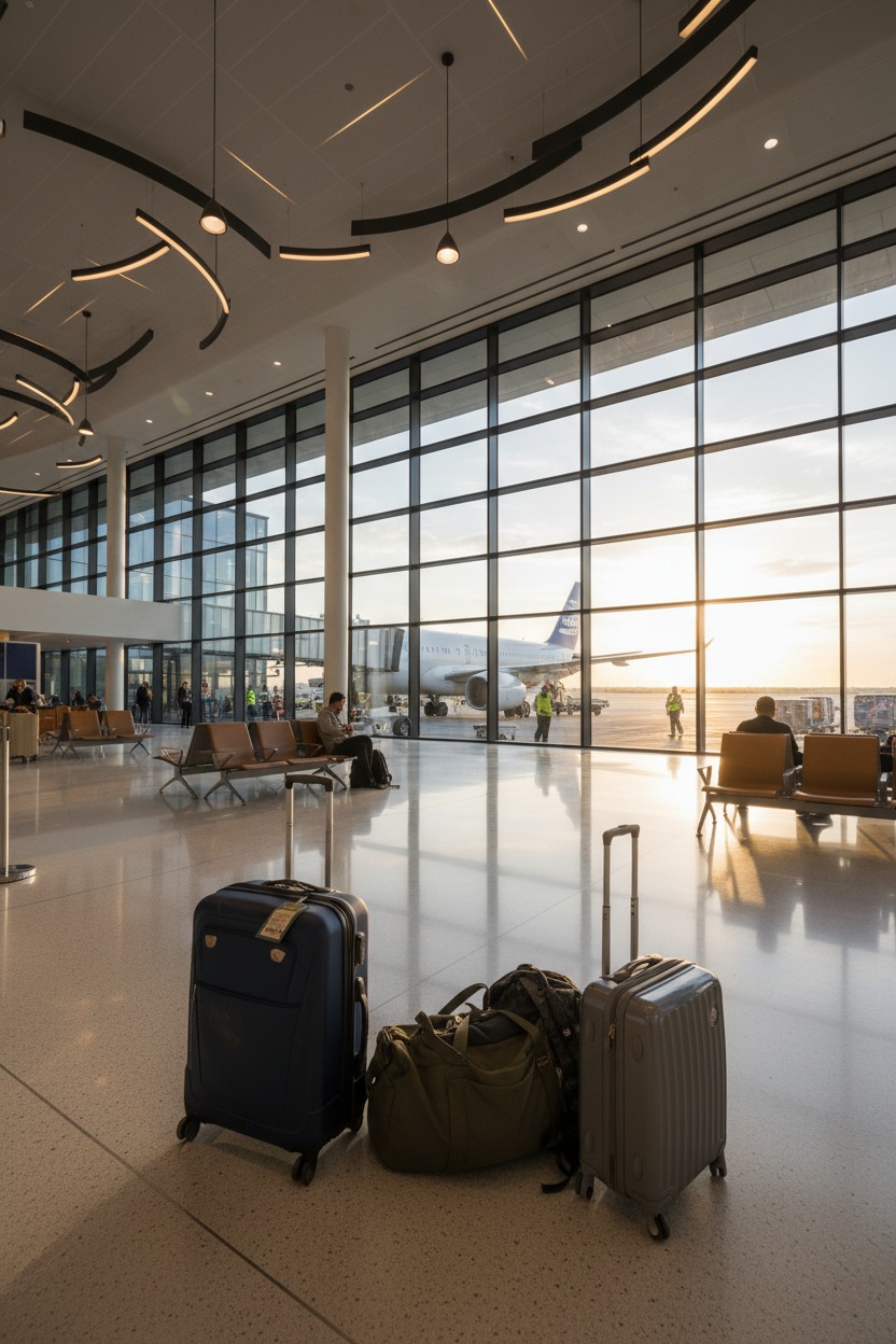 Sala de embarque de um aeroporto com grandes janelas de vidro, passageiros sentados e malas no chão em primeiro plano.
